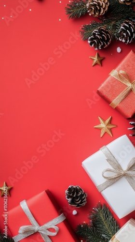 Festive holiday decorations with gifts and pine cones on a vibrant red backgr...