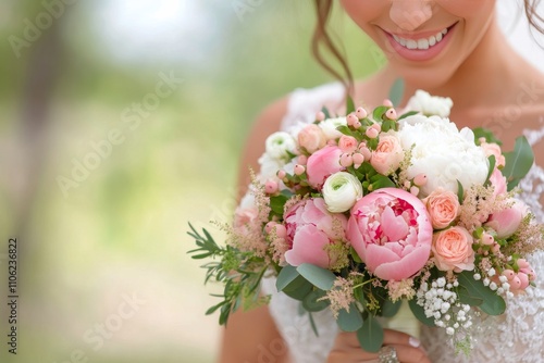 Bride smiling with bouquet of pink and white flowers on a sunny day in a gard...