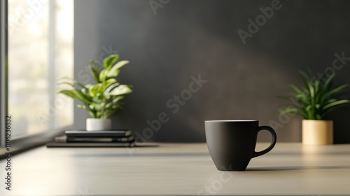 Wallpaper Mural Minimalist Black Coffee Mug on Wooden Table, Coffee Break, Mug Design Torontodigital.ca