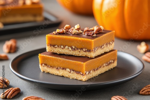 Delicious pumpkin dessert squares with pecans served on a black plate in autu...
