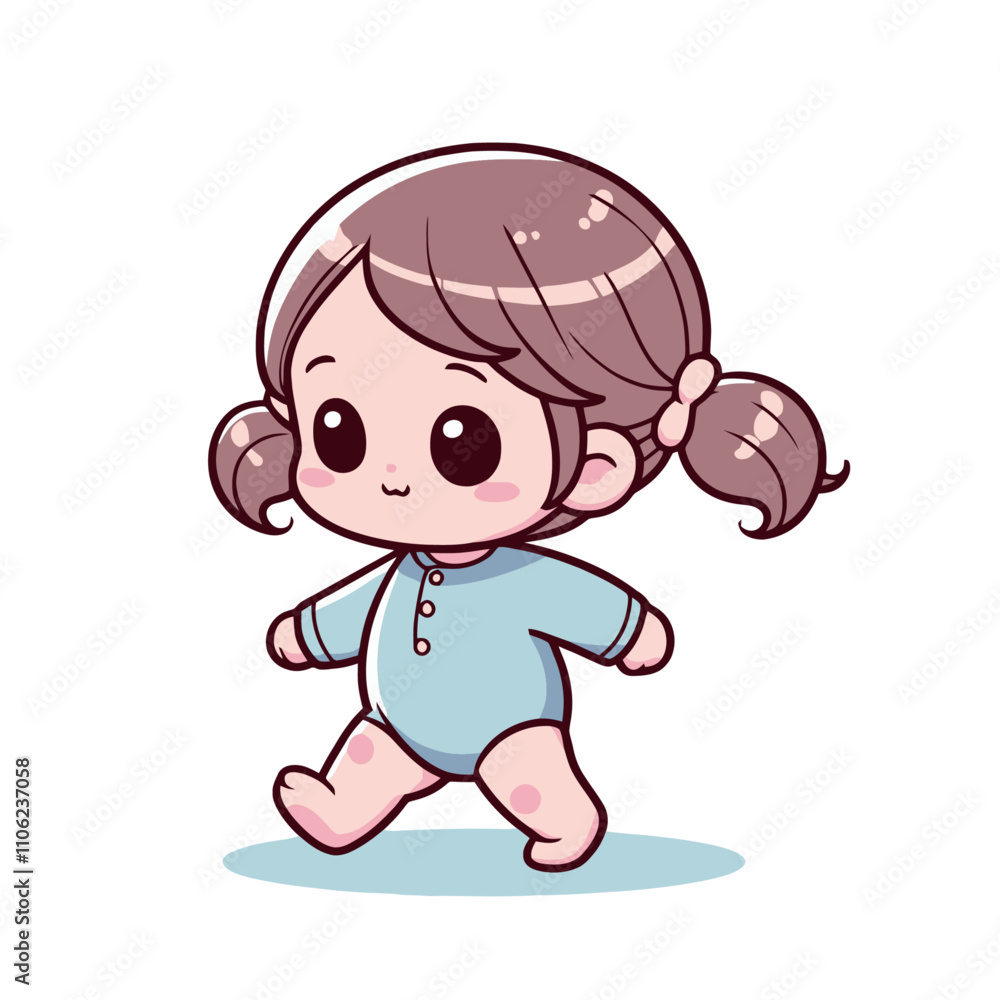 Charming baby girl walking in a blue onesie - isolated vector illustration Charming baby girl walking in a blue onesie - isolated vector illustration