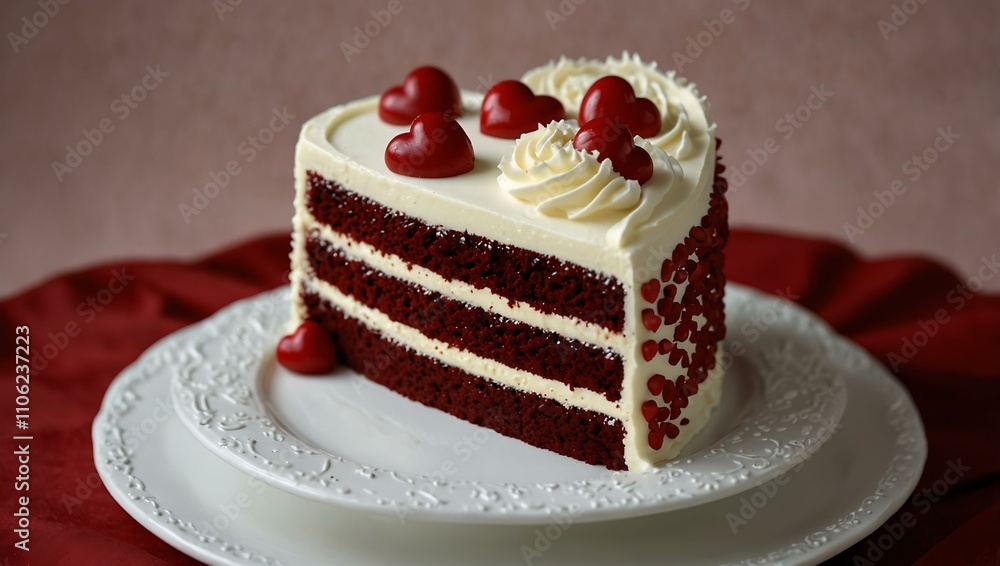 Heart-decorated red velvet cake with cream frosting. Heart-decorated red velvet cake with cream frosting.