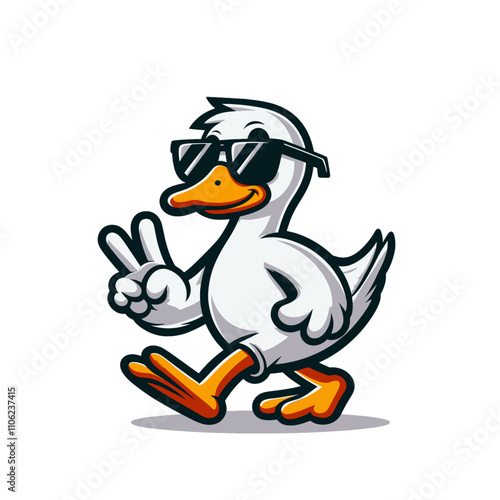 Cool duck with sunglasses showing peace sign illustration, isolated vector illustration, playful animal artwork, trendy design concept