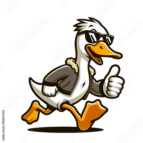 Cool running duck in jacket and sunglasses illustration, isolated vector illustration, humorous animal artwork, stylish design concept