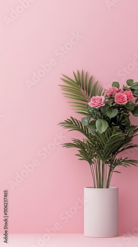 Beautiful floral arrangement with pastel roses and greenery on soft pink back...