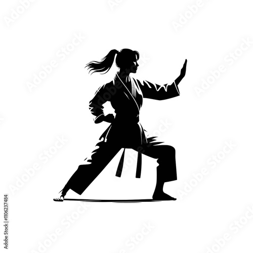 Silhouette of a female martial artist on a white background
