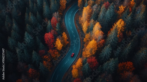 Aerial view of a winding road through an autumn forest, with colorful trees and a car driving on the asphalt in the foreground. 