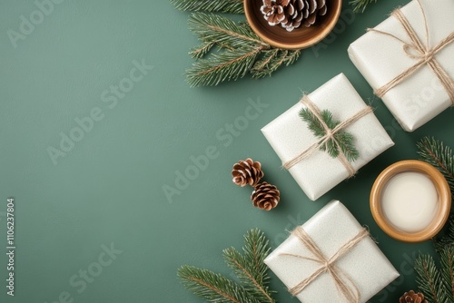 Decorative winter gifts arranged with pinecones and greenery on a muted backg...