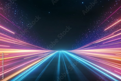 Colorful digital abstract landscape with glowing particles and light trails a...
