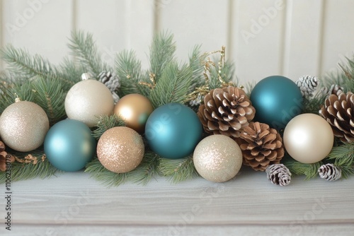 Decorative winter garland with blue, gold, and green ornaments on white backg...