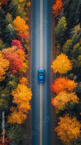 Aerial view of an autumn road in the Adirondacks with colorful trees on both sides, a blue car driving down it, vibrant fall colors
