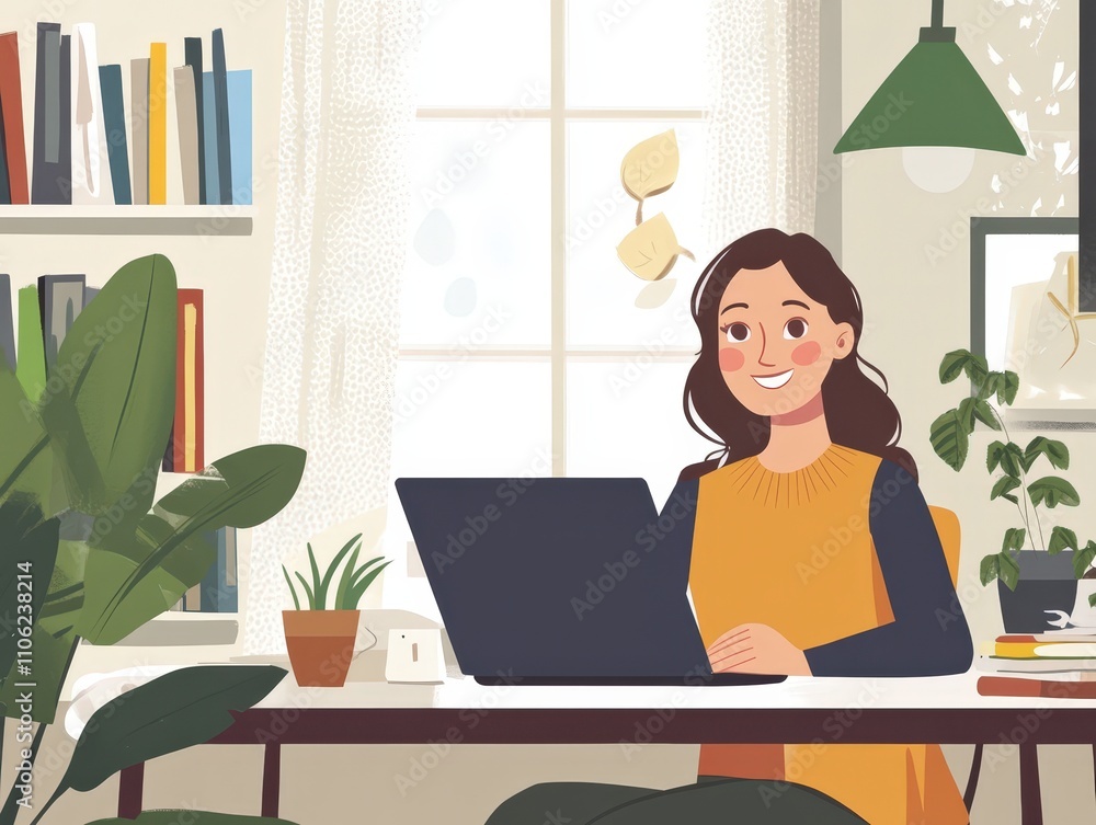 Smiling Young Woman Working on Laptop in Home Office Smiling Young Woman Working on Laptop in Home Office