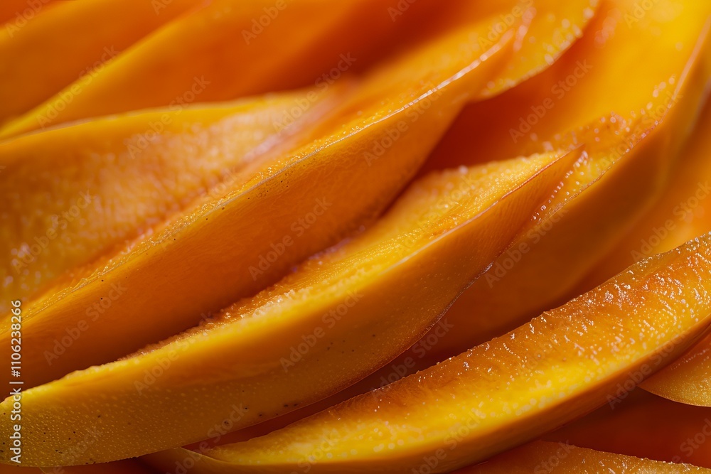 Close up of freshly cut mango slices showing vibrant texture Close up of freshly cut mango slices showing vibrant texture