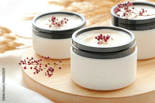 Elegant skincare products arranged on natural wooden surface with neutral bac...
