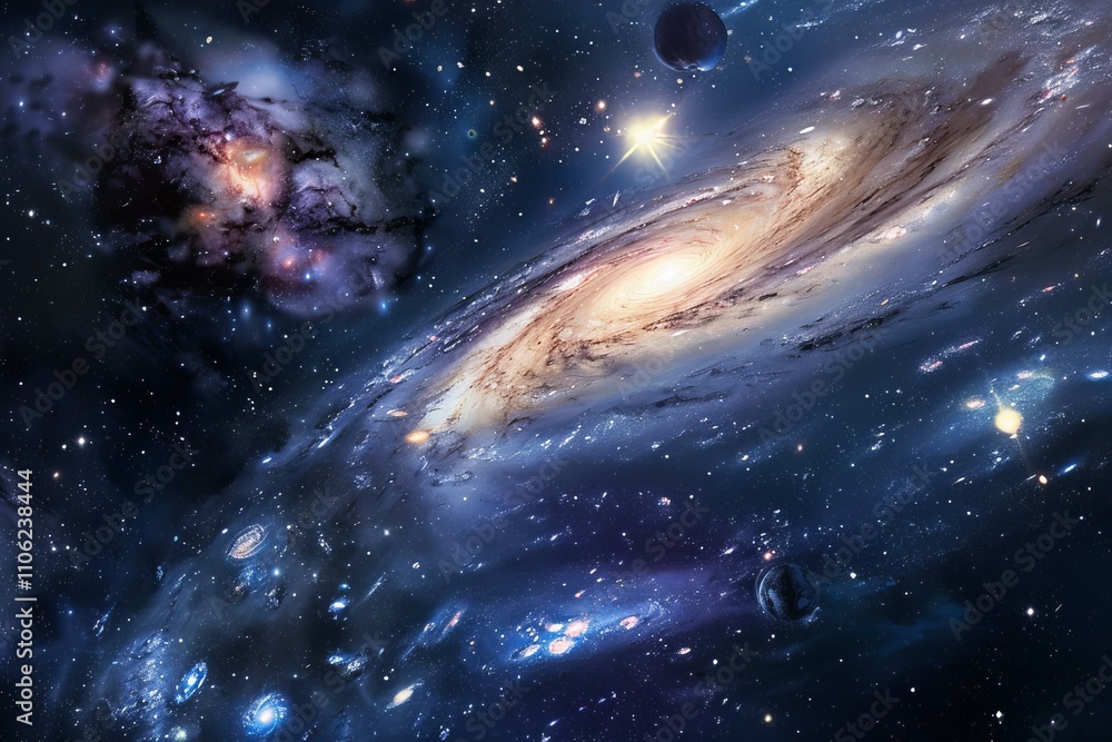 Spiral galaxy rotating in deep space with nebulae and planets Spiral galaxy rotating in deep space with nebulae and planets