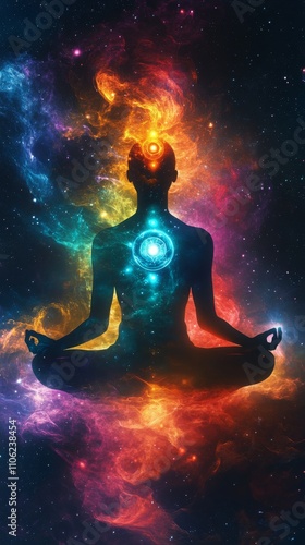 Meditation and energy alignment in a cosmic setting with colorful chakras ill...