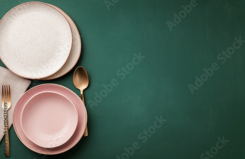 Elegant table setting with pastel plates and golden cutlery on a dark green b...