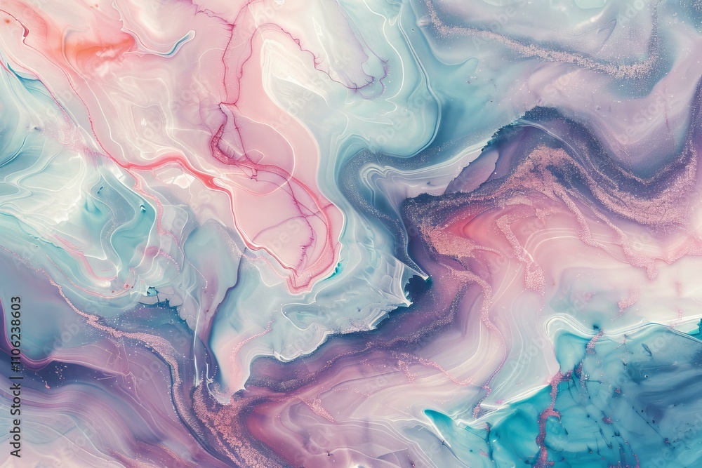 Obraz premium Fluid art acrylic painting mixing pink, turquoise and gold colors creating abstract texture