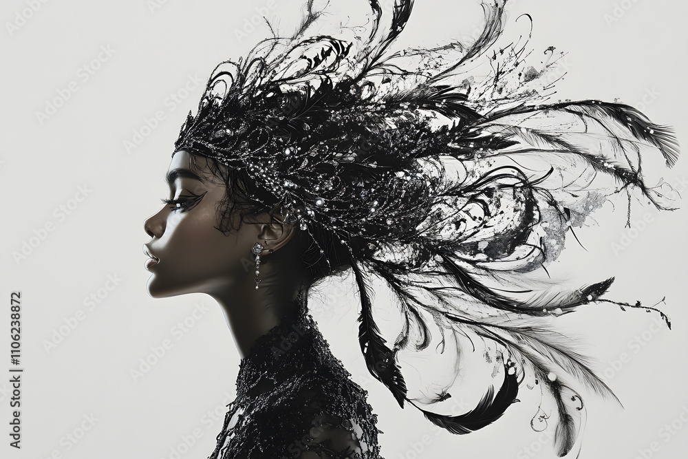 Fototapeta premium Profile of a woman wearing an intricate black crown with feathers and jewels, showcasing a bold and dramatic style..
