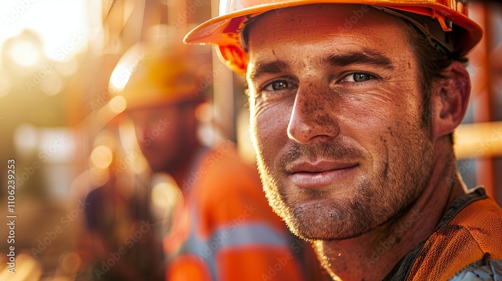 A close-up Of a construction worker in a hard hat and orange safety vest with a blurred background Of Other workers. A close-up Of a construction worker in a hard hat and orange safety vest with a blurred background Of Other workers.