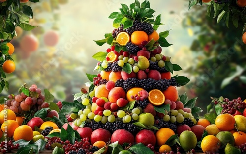 Fruit Tree A festive tree built from stacked layers of colorful fruits, like apples, oranges, and grapes, decorated with fresh leaves and berries, in a kitchen or farmers market photo