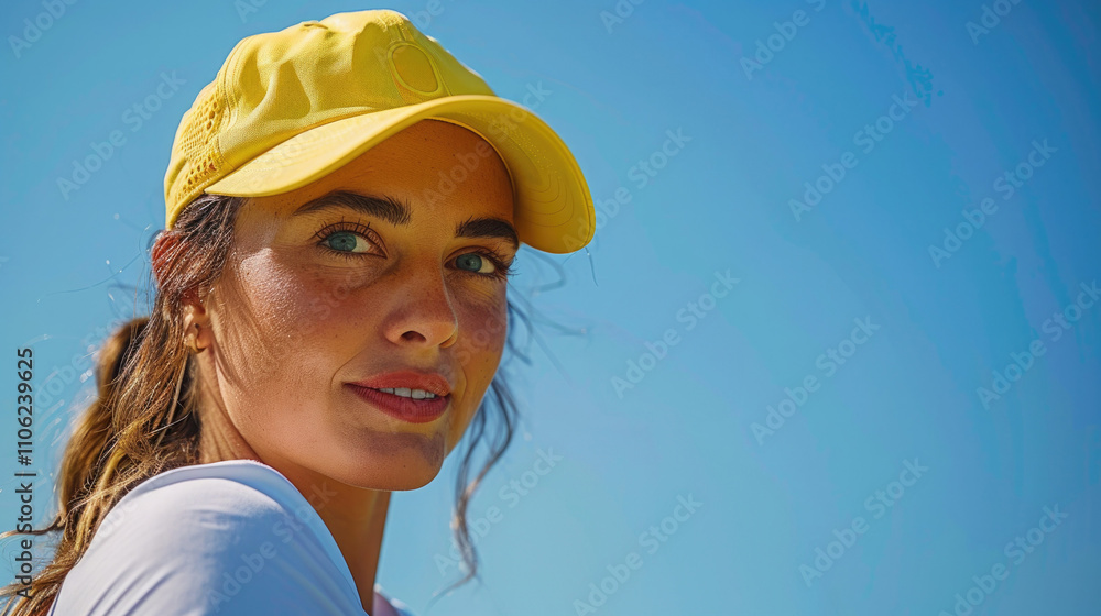 Close -up portrait of a young woman in a yellow cap under a clear blue sky. The concept of energy and activity in the open air. Ideal for sports, summer or thematic topics. Copy space Close -up portrait of a young woman in a yellow cap under a clear blue sky. The concept of energy and activity in the open air. Ideal for sports, summer or thematic topics. Copy space