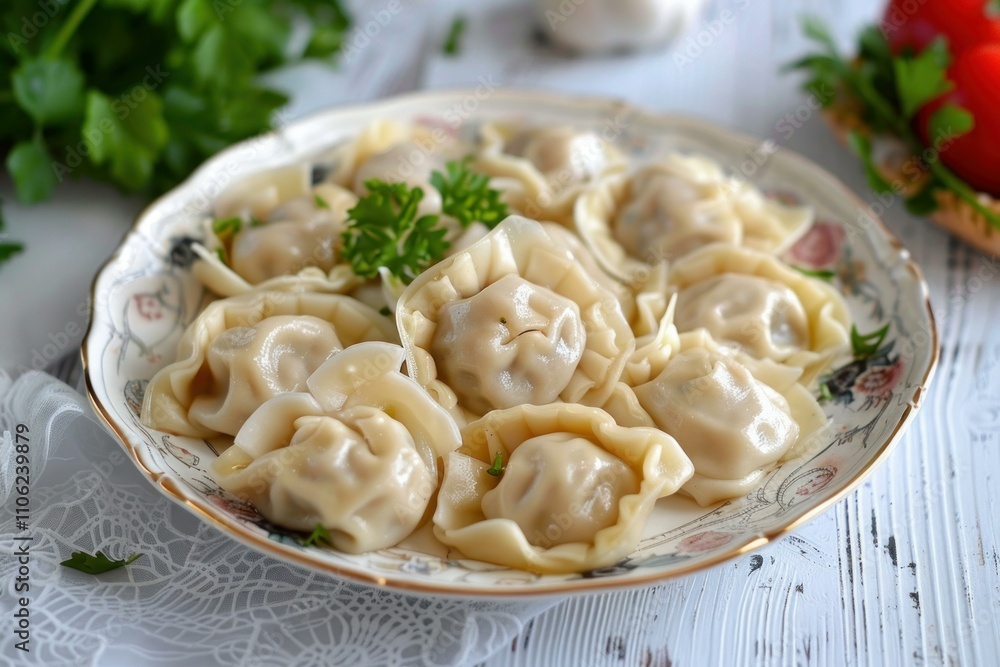 Delicious meat dumplings served on elegant plate with parsley garnish Delicious meat dumplings served on elegant plate with parsley garnish