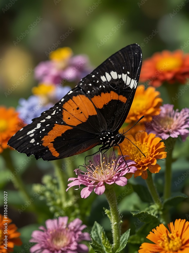 Naklejka premium Heliconius hecale butterfly among vibrant flowers.