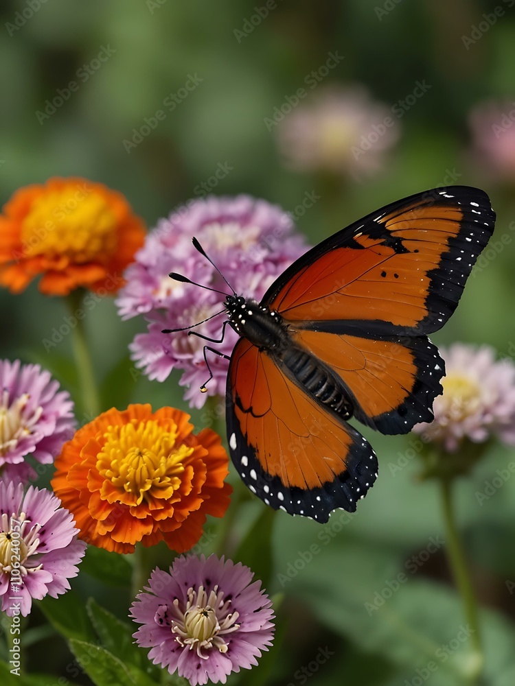 Obraz premium Heliconius hecale butterfly among vibrant flowers.