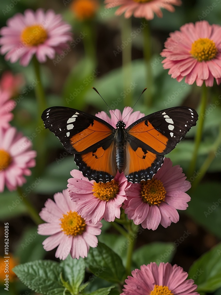 Fototapeta premium Heliconius hecale butterfly among vibrant flowers.