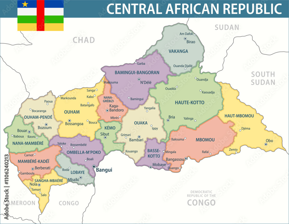 Obraz premium Central African Republic Map Vector New 2024 Colorful - Customizable layered political map of Central African Republic with administrative divisions for website, education, reports, news, politics