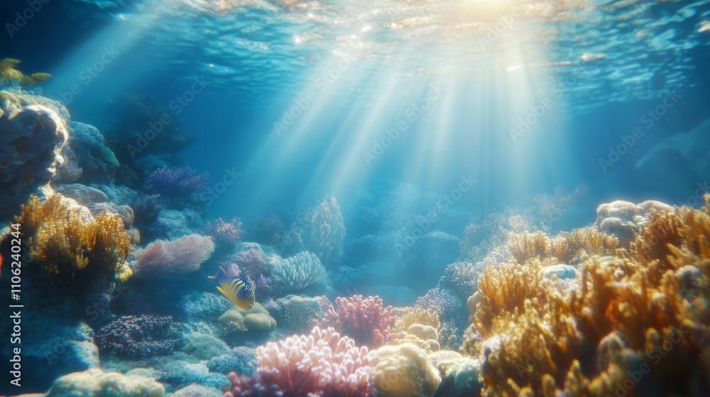 Sunbeams Illuminate Underwater Coral Reef Scene, fish, ocean, underwater Sunbeams Illuminate Underwater Coral Reef Scene, fish, ocean, underwater