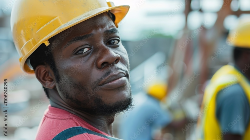 A close-up Of a construction worker wearing a yellow hard hat and red shirt with a blurred background Of a construction site. A close-up Of a construction worker wearing a yellow hard hat and red shirt with a blurred background Of a construction site.