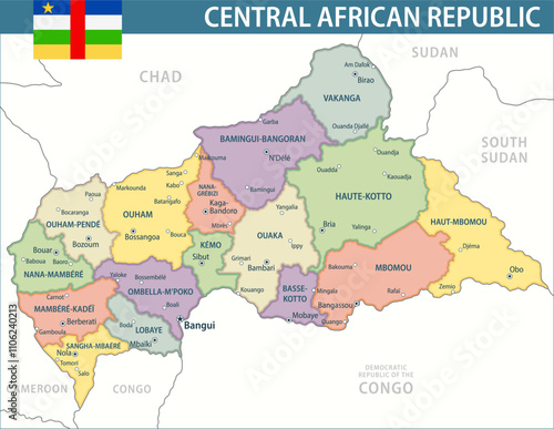 Central African Republic Map Vector New 2024 Colorful - Customizable layered political map of Central African Republic with administrative divisions for website, education, reports, news, politics