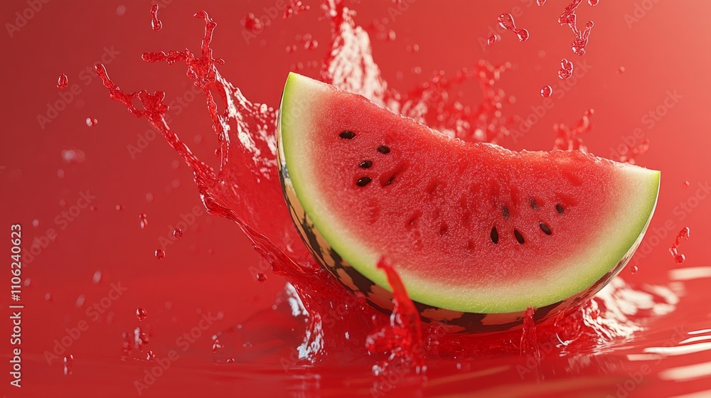 flying watermelon with splashes on red background, product design background flying watermelon with splashes on red background, product design background