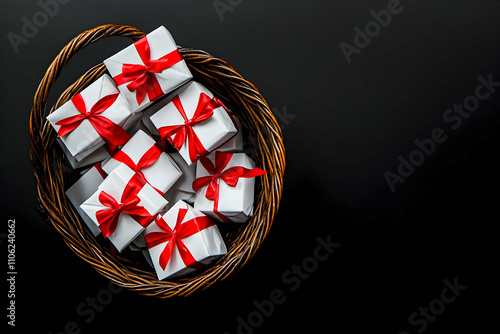 A top view of a shopping basket with white gift boxes adorned with red ribbon bows on a black background, ideal for a Black Friday sale banner with copy space photo