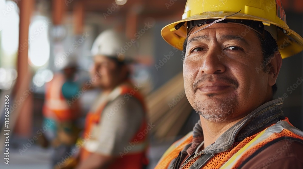 A close-up portrait Of a construction worker with a blurred background featuring another worker. A close-up portrait Of a construction worker with a blurred background featuring another worker.