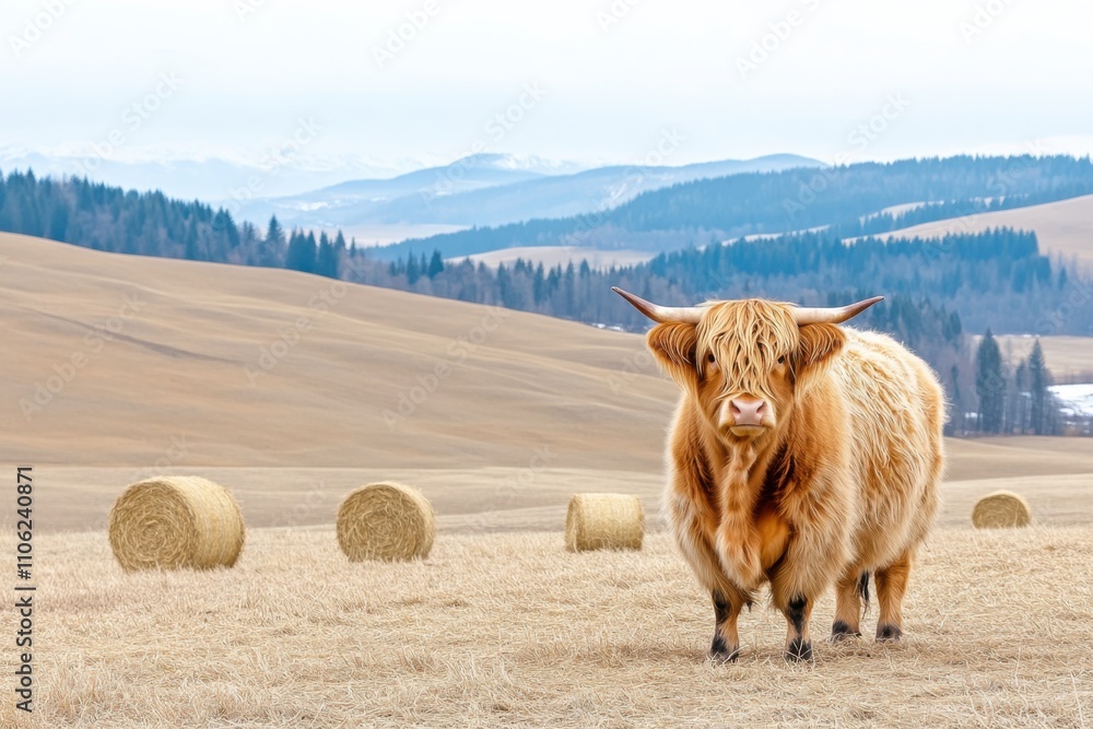 Obraz premium Highland cow in a tranquil rural landscape with hay bales and warm light
