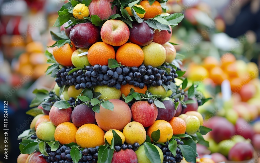 Fruit Tree A festive tree built from stacked layers of colorful fruits, like apples, oranges, and grapes, decorated with fresh leaves and berries, in a kitchen or farmers market Fruit Tree A festive tree built from stacked layers of colorful fruits, like apples, oranges, and grapes, decorated with fresh leaves and berries, in a kitchen or farmers market