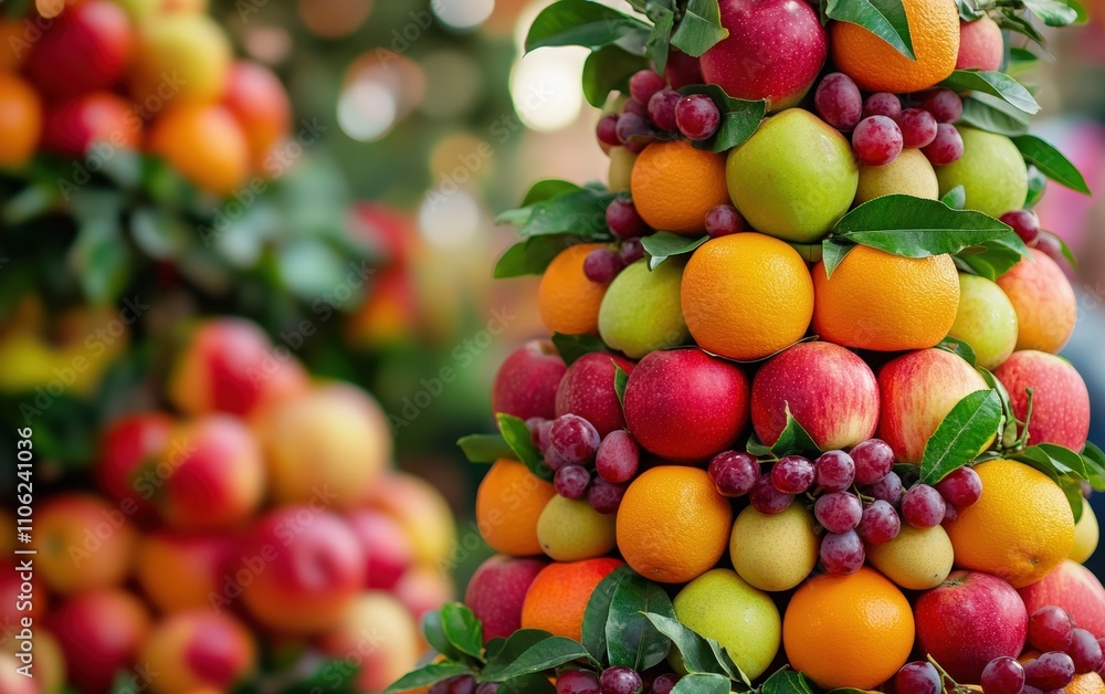 Fruit Tree A festive tree built from stacked layers of colorful fruits, like apples, oranges, and grapes, decorated with fresh leaves and berries, in a kitchen or farmers market