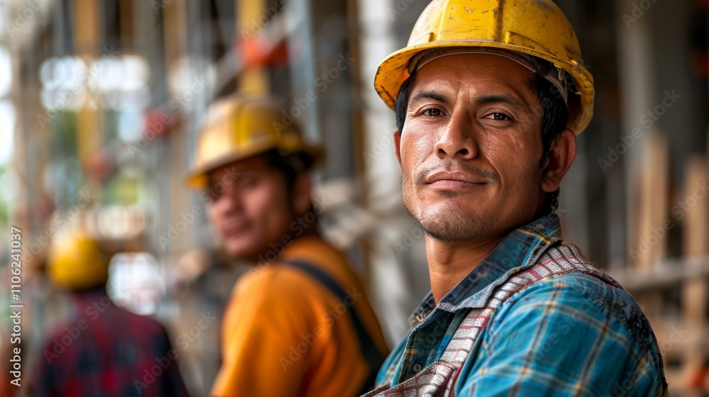 A construction worker in a hard hat with two Other workers in the background. A construction worker in a hard hat with two Other workers in the background.