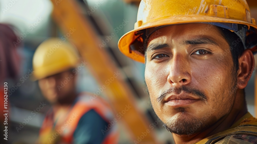 The image depicts a man in a yellow hard hat with a blurred background featuring another person wearing 3 similar hat. The image depicts a man in a yellow hard hat with a blurred background featuring another person wearing 3 similar hat.