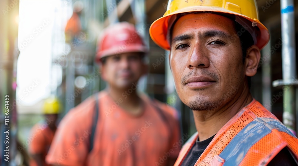 A construction worker in a hard hat and safety vest posing for a photo On a construction site. A construction worker in a hard hat and safety vest posing for a photo On a construction site.
