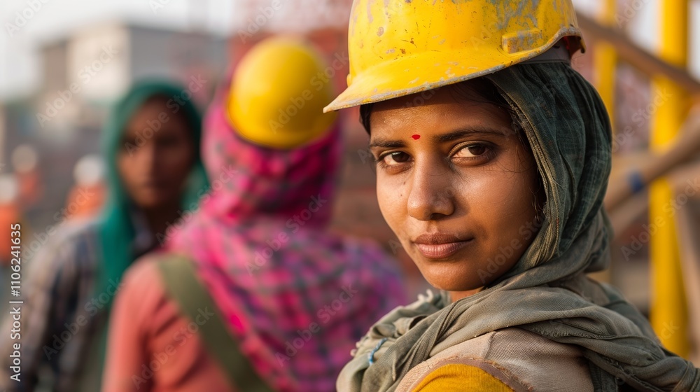 The image depicts a woman in a yellow hard hat and gray headscarf with a blurred background Of Other workers. The image depicts a woman in a yellow hard hat and gray headscarf with a blurred background Of Other workers.