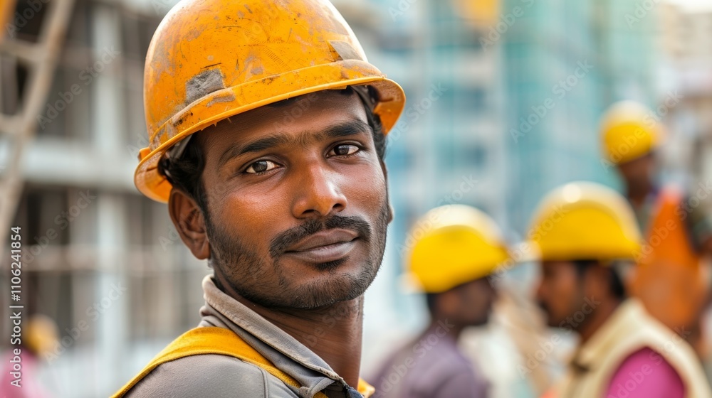 A portrait Of a construction worker in a yellow hard hat with a blurred background Of Other workers and a building under construction. A portrait Of a construction worker in a yellow hard hat with a blurred background Of Other workers and a building under construction.