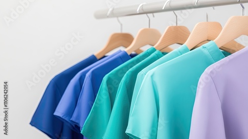 Stylish medical scrubs hanging elegantly in a contemporary setting enriched with vibrant hues of blue and turquoise photo