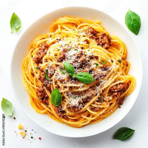 Pumpkin and  Beef Bolognese Spaghetti Pasta with grated parmesan cheese. Homemade spaghetti pumpkin and meat pasta on white background, top view, copy space. Seasonal comfort autumn food. photo