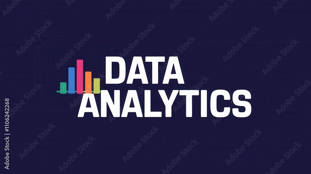 Fototapeta premium Modern Data Analytics Graphic: Colorful Bar Chart and Bold Text on Dark Background for Tech and Business Use