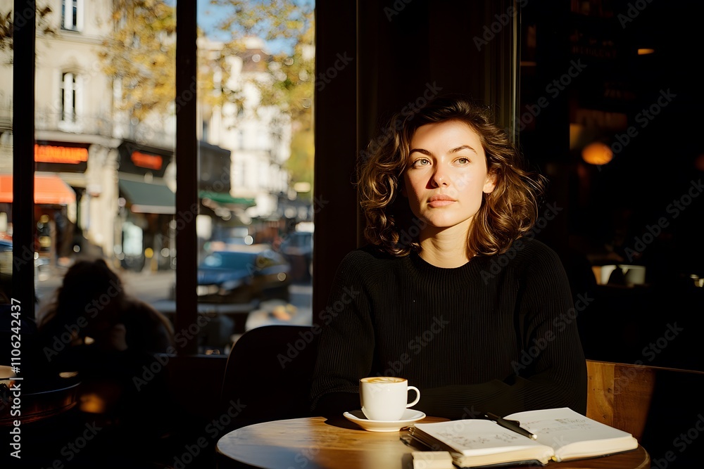 A woman in her late 20s sitting alone at a cafe, enjoying a quiet moment with a drink or working on a laptop, surrounded by a cozy and relaxed atmosphere A woman in her late 20s sitting alone at a cafe, enjoying a quiet moment with a drink or working on a laptop, surrounded by a cozy and relaxed atmosphere