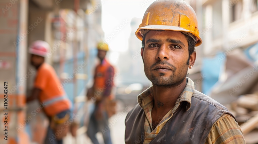 A construction worker in a hard hat stands in front Of a blurred background Of Other workers and building materials. A construction worker in a hard hat stands in front Of a blurred background Of Other workers and building materials.